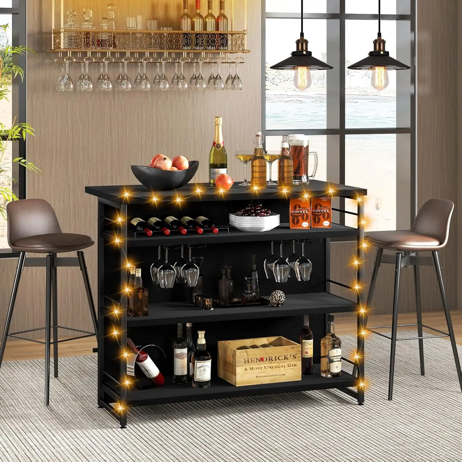 Giantex Home Bar Unit, 4 Tier Liquor Bar Table With Footrest, Wine Bottle Racks, Glass Holder, Industrial Corner Mini Coffee