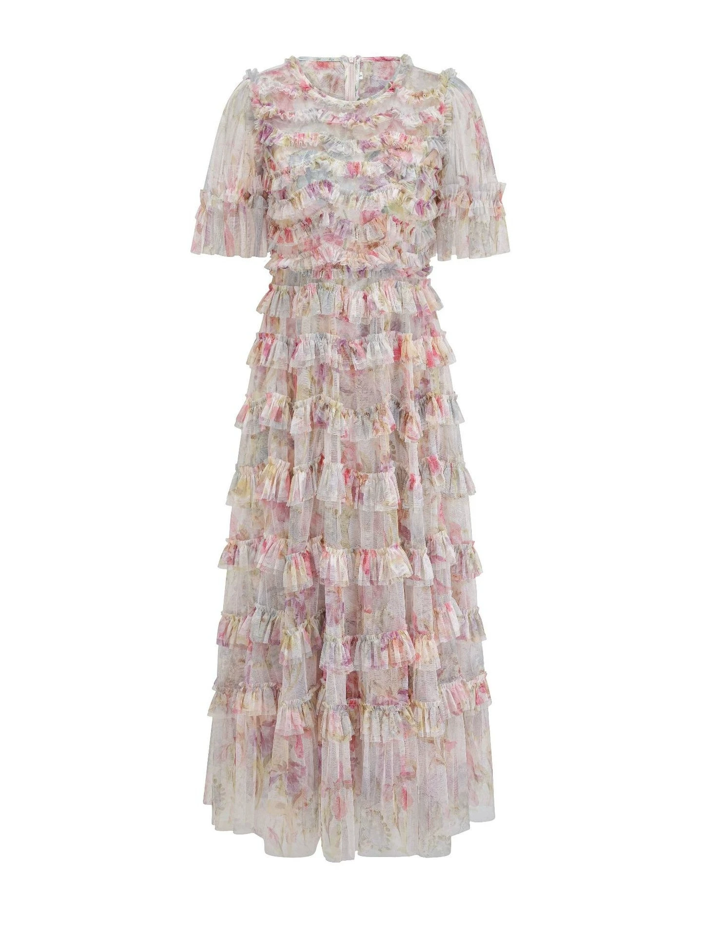 

Retro style fashion ruffle stitching print short sleeve long dress autumn and winter women's clothing-GZXX501
