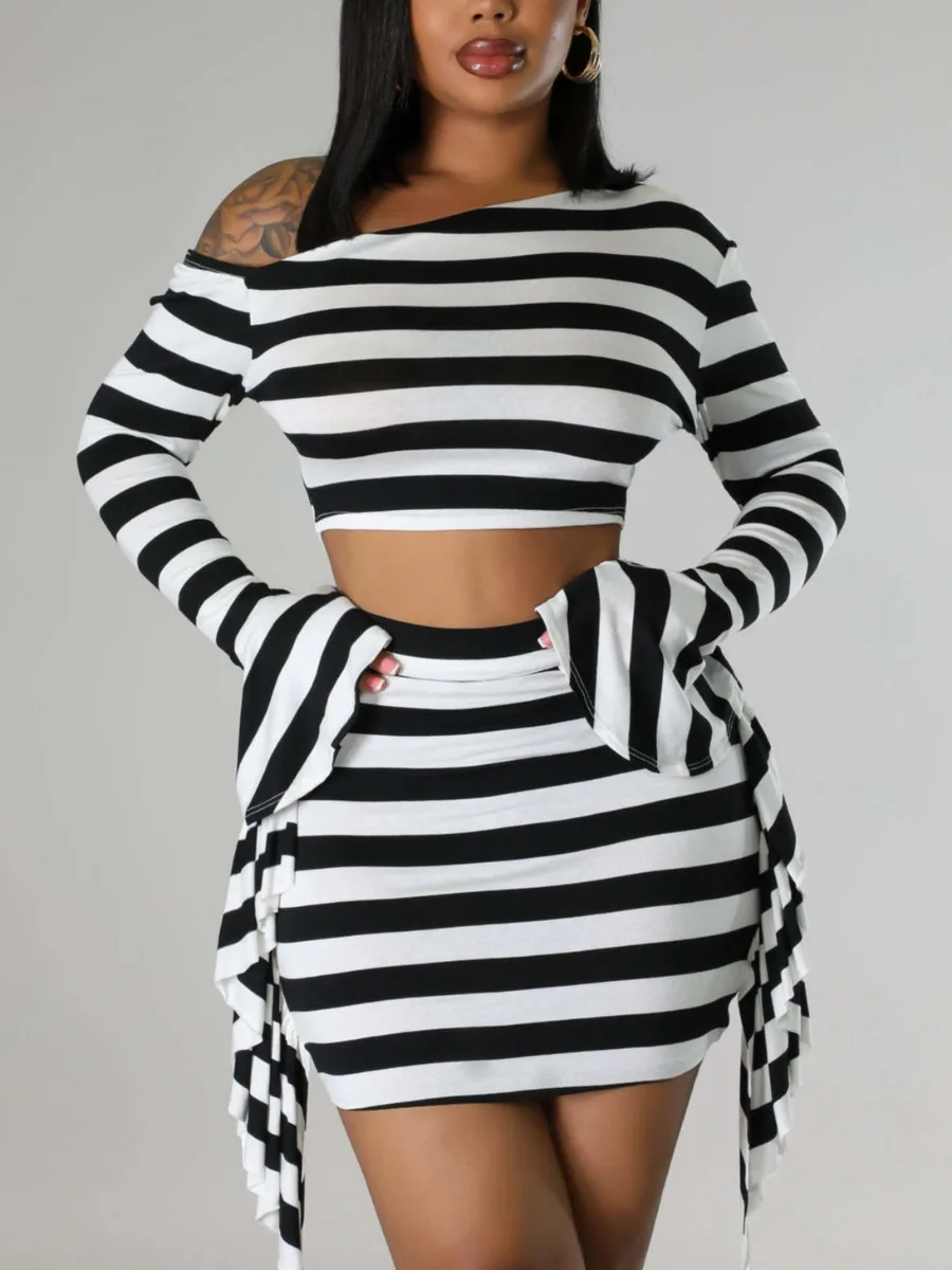 

LW Plus Size Women Dress 2023 Autumn New Crop Top Zebra Striped Slanted Shoulder Ruffled Fringed Flared Two Piece Mini Skirt Set