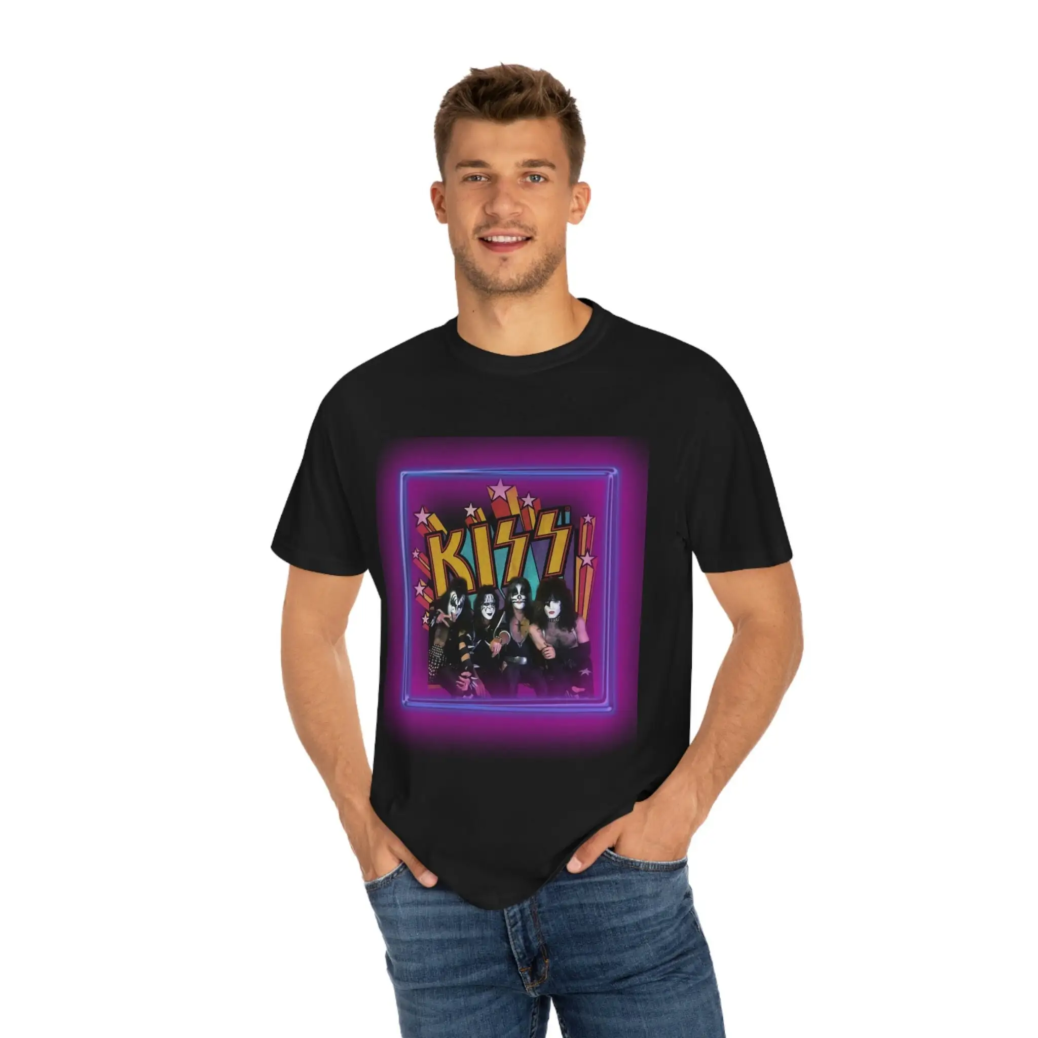

Футболка Kiss мужская с надписью Comfort Colors, удобная летняя одежда для рок-группы 70s, концерта, музыки для папы