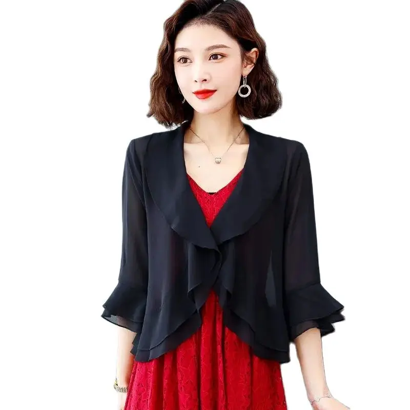 

Chiffon Shawl Short Jacket Thin Women's Coat 2022 Summer New Sun-Proof Clothing Fashion Ruffled Shirt Tops Outerwear All-Match