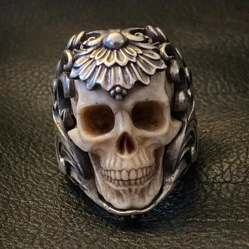 Vintage Wearable metal Skull Ring Skull Silver Plated Skeleton Dazzling Antlers Bully Men's Ring Halloween And Daily Accessories