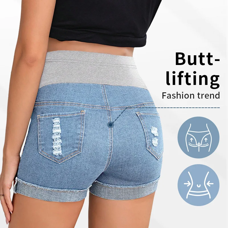 

Summer High Waist Maternity Denim Shorts Adjustable Belly Support Ripped Casual Fashion Shorts