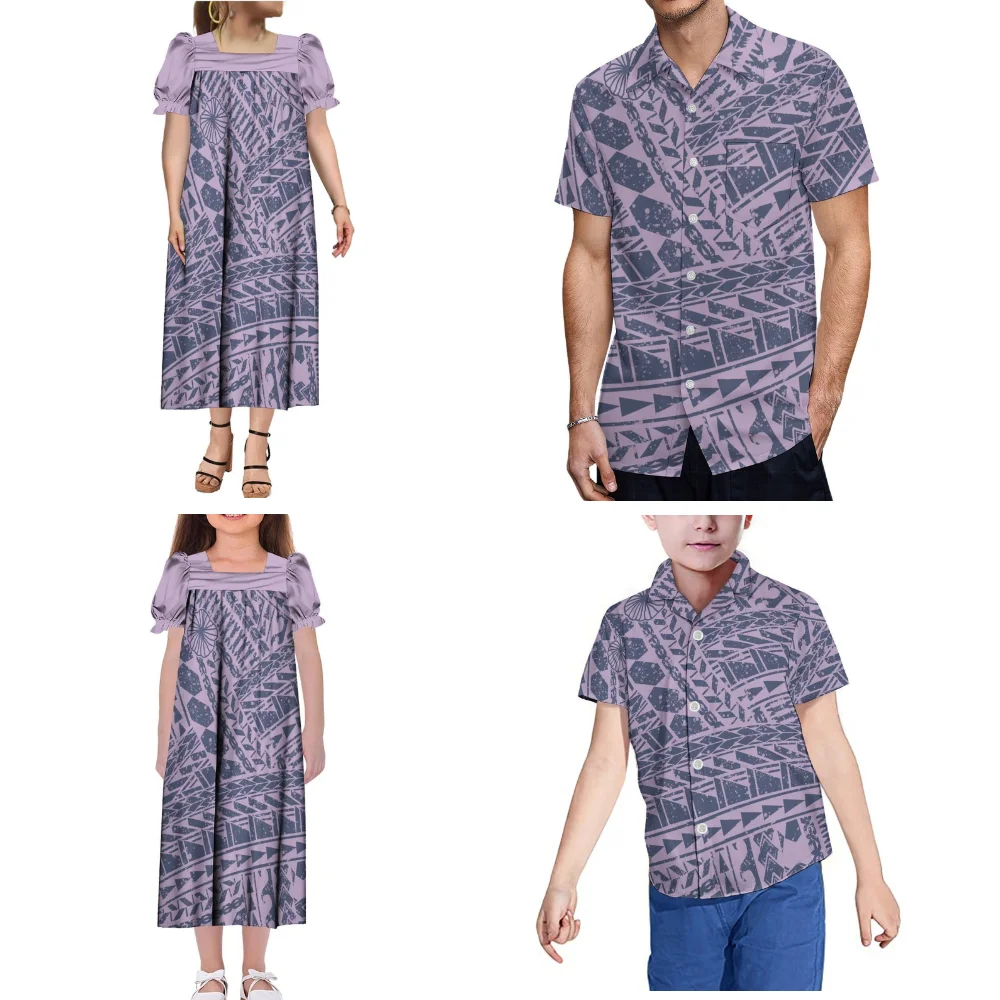 Women'S Casual Square-Neck Loose Short-Sleeved Dress Polynesian Custom-Made Parent-Child Outfits Boys' Shirt Girls' Dress