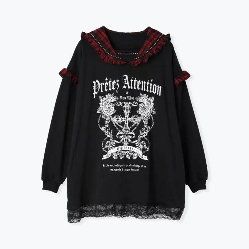 Frauen Subkultur Schwarz Lange-ärmeln Hoodies Japanischen Vintage Y2k Druck Spitze Patchwork Hoodie Herbst Neue Harajuku Stil Kleidung