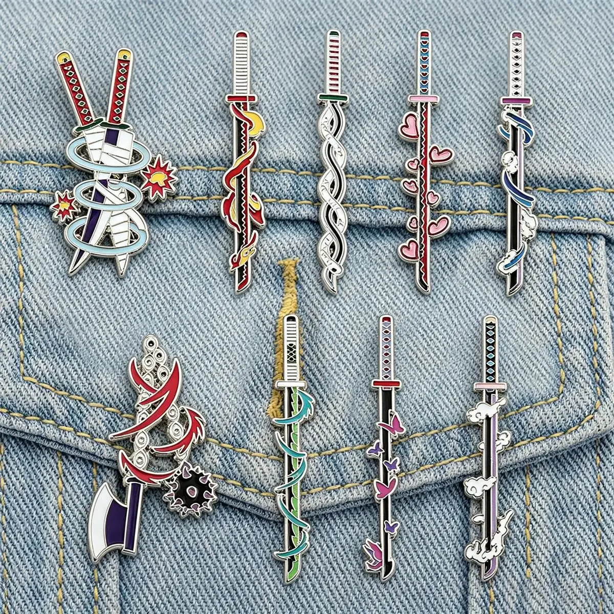 9Pcs/Set Cartoon Anime Ghost Kill Team Samurai Sword Enamel Brooch 9-Pillar Metal Badge Cosplay Jewelry Accessories Gifts