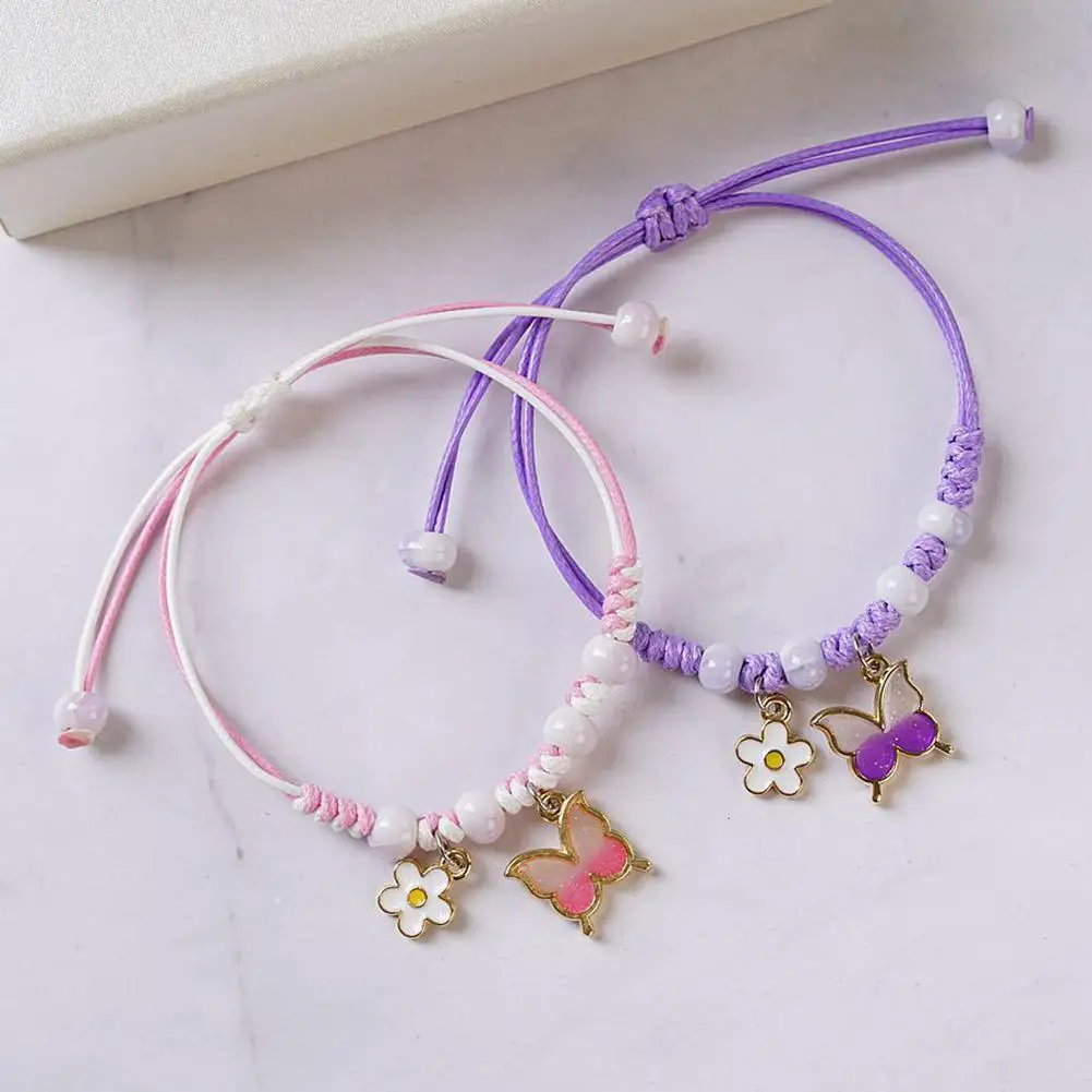 Pulseras bohemias de flores y mariposas para mujeres y niñas, pulseras de cadena de cuerda trenzada hechas a mano con cuentas moradas, azules y rosas, regalo BFF