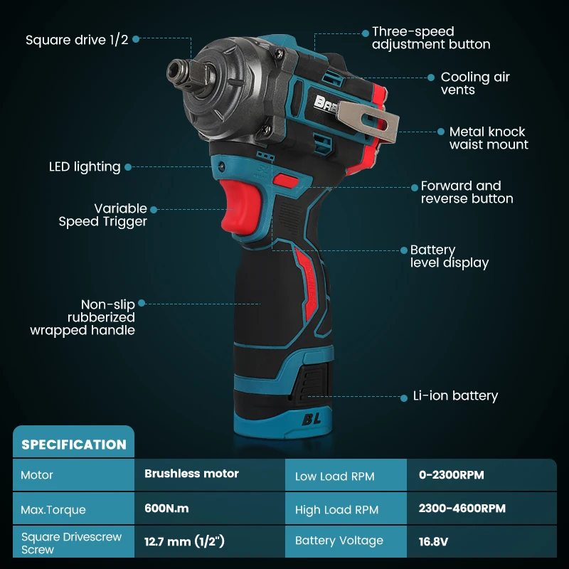600N.M Brushless Electric Impact Wrench 1/2 Inch Dual Use Cordless Wrench Screwdriver Household Power Tools for 16.8V Battery - Image 2