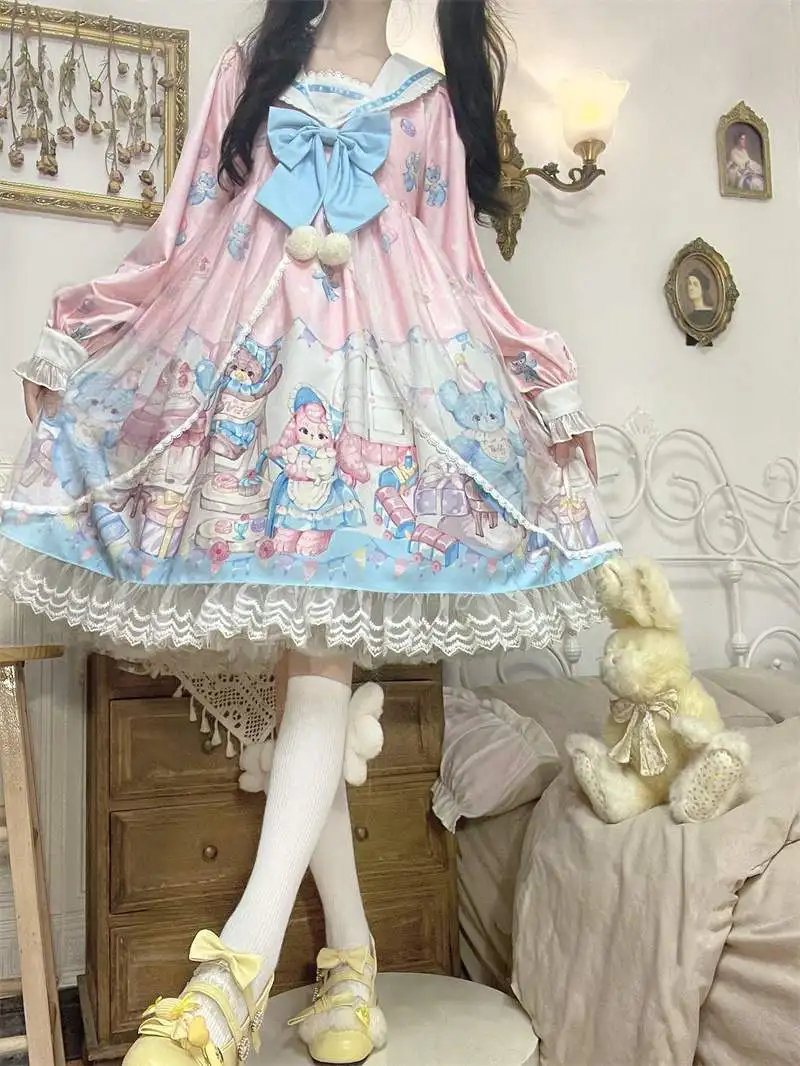 Donne Casual manica lunga Lolita Kawaii vestito fiocco orso pizzo blu abiti da principessa giapponese francese cameriera uniforme partito Prom Costume