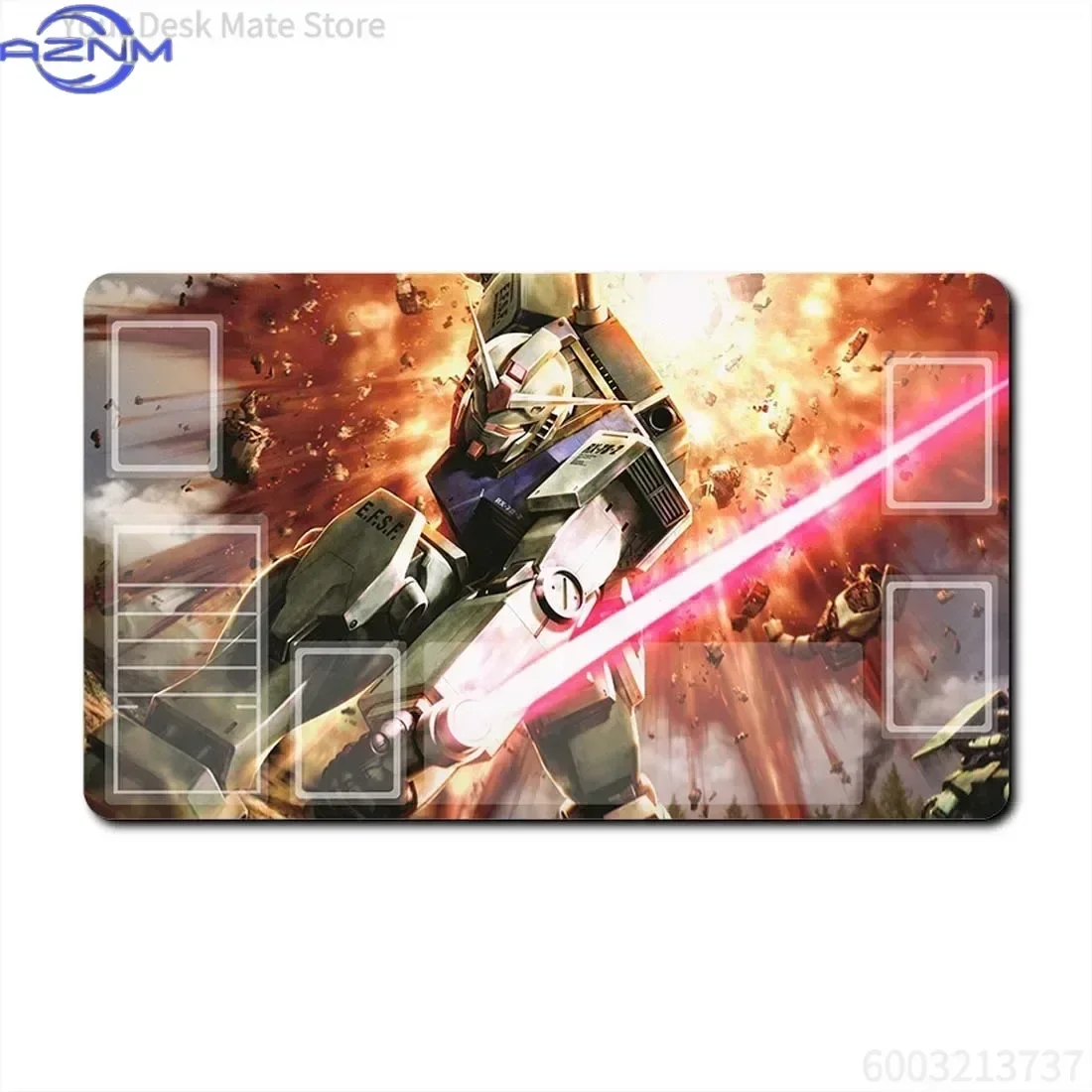Anime Gundam Mecha Battle TCG Playmat Mouse Pad, Rubber Non Slip Gaming Desk Mat, Space Robot Fight Scene with Card Game Zones M