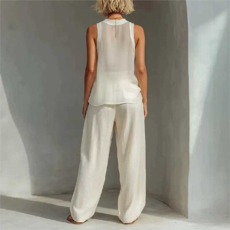 New Summer Loose Sleeveless Top And Drawstring Wide-leg Pants 2 Piece Set Women's Fashion Solid Casual Elegant Perspective Set