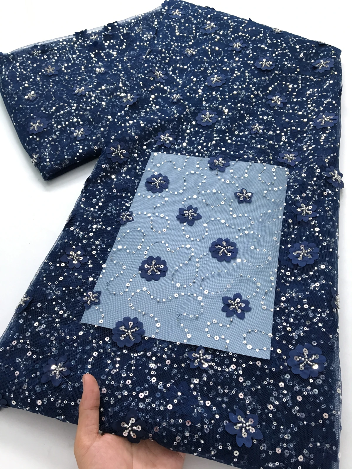 

French Mesh Lace Sequins Fabric 3D Flower Beads Lace Latest African Nigerian Fabrics Elegant Party Dress For Women,2.5yards 4001