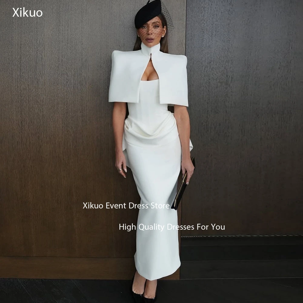 Xikuo White High Neck Wedding Dress Cape Style Modern Bridal Gown Artistic Mermaid Ankle Length Vestido De Novia Customized