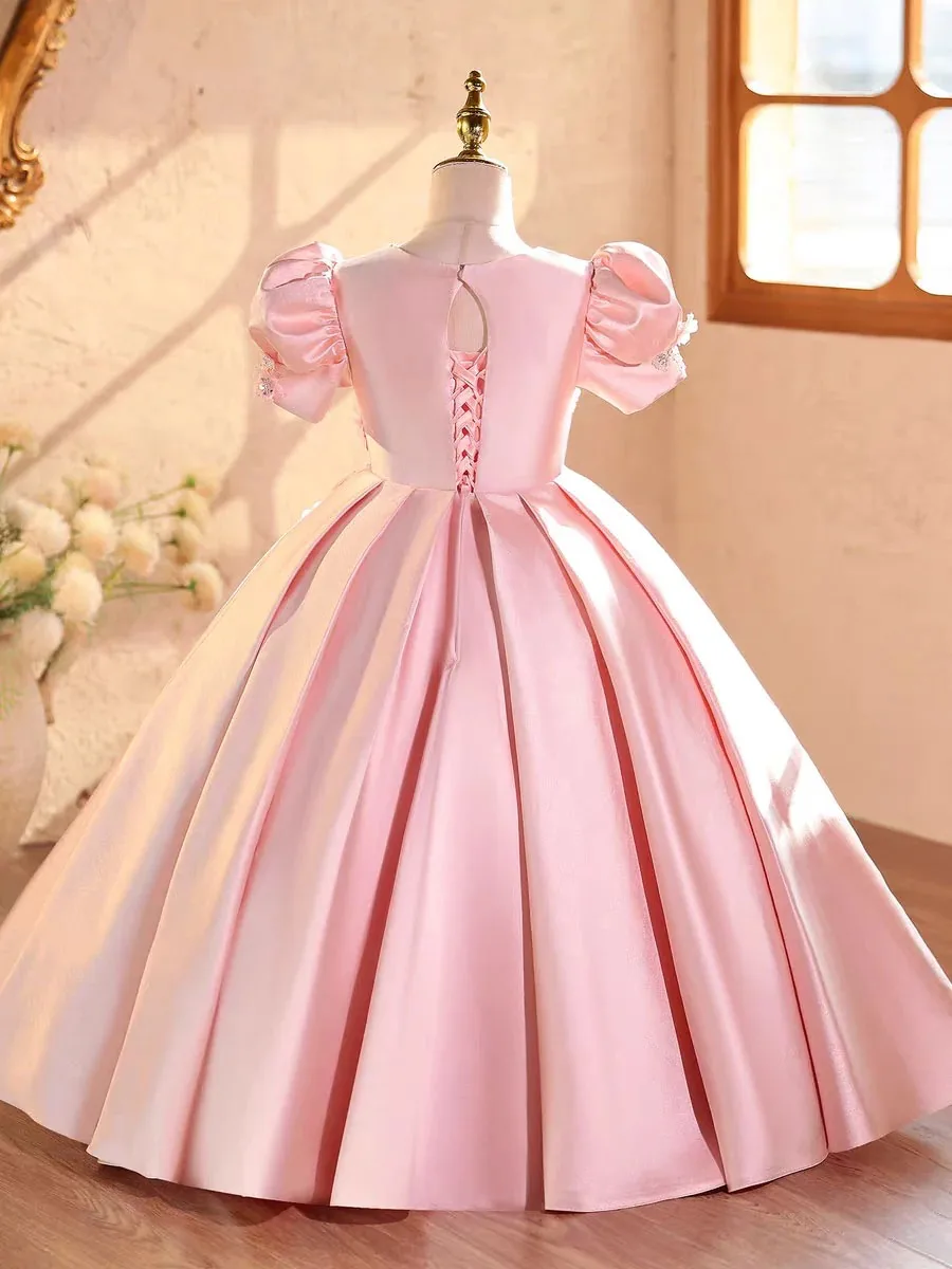 Light Luxury Pink Satin Children's Beauty Pageant Dress With Puff Sleeves,Hand-sewn 3D Floral Rhinestone Embroidered Flower Girl