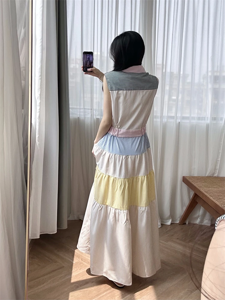 Long Skirt Self portrait dress Women's 2024 Summer New Design Sense Multi color Spliced Stripe Dress Sweet Macaron