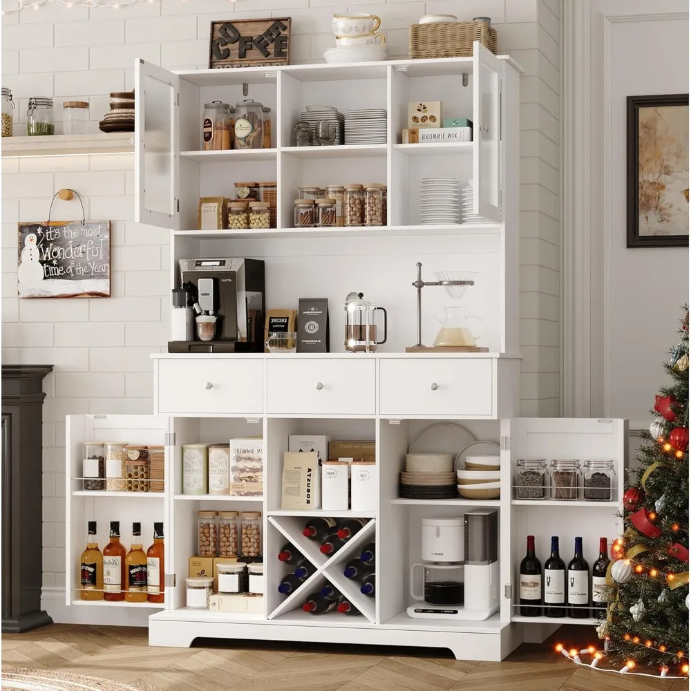 

Tall Kitchen Pantry Storage Cabinet with Swing Out Doors, Modern Kitchen Hutch with Microwave Stand, Food Pantry Cabinet