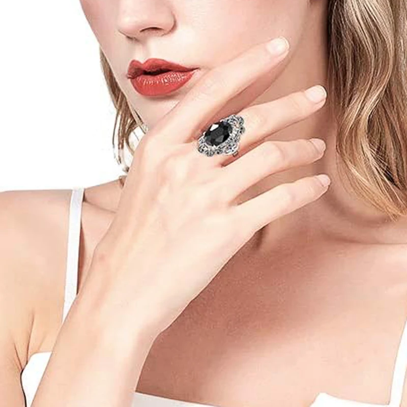 Huitan Big Oval Black Acrylic Rings Hollow Design Punk Accessories for Women Hyperbole Rings Hip Hop Daily Wear Party Jewelry