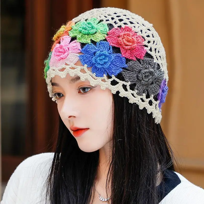 Japanese Spring Summer Literary and Artistic Colorful Flower Hollow Bag Head Hat Women Sweet Fashion Hand-crocheted Beanie Cap