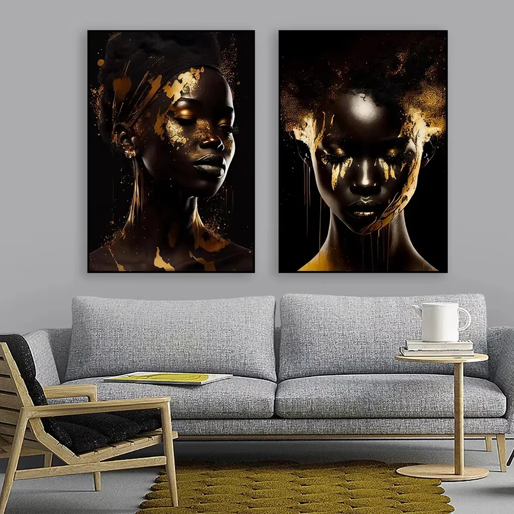Afrikanische Frauen Leinwandgemälde Schwarz-Gold-Frauen-Poster und Drucke Skandinavisches Wandbild für Wohnzimmer-Dekoration – Detail 5