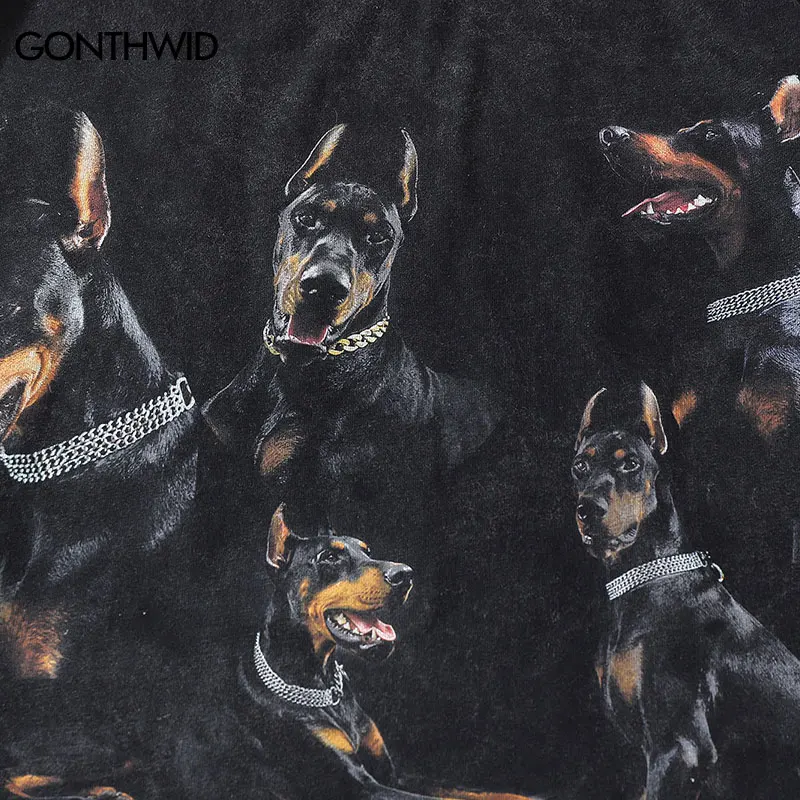 Oversize Distressed T Shirts Hip Hop Vintage Doberman Dog Print Punk Rock Gothic Tshirt Streetwear 2024 Harajuku Casual T-Shirt