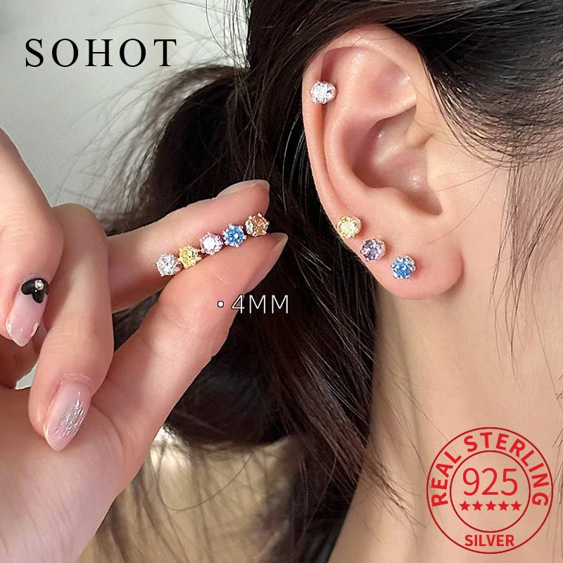 

Real 925 Sterling Silver Geometric Colorful Zircon Mini Stud Earrings for Women Classic Fine Jewelry Minimalist Accessories