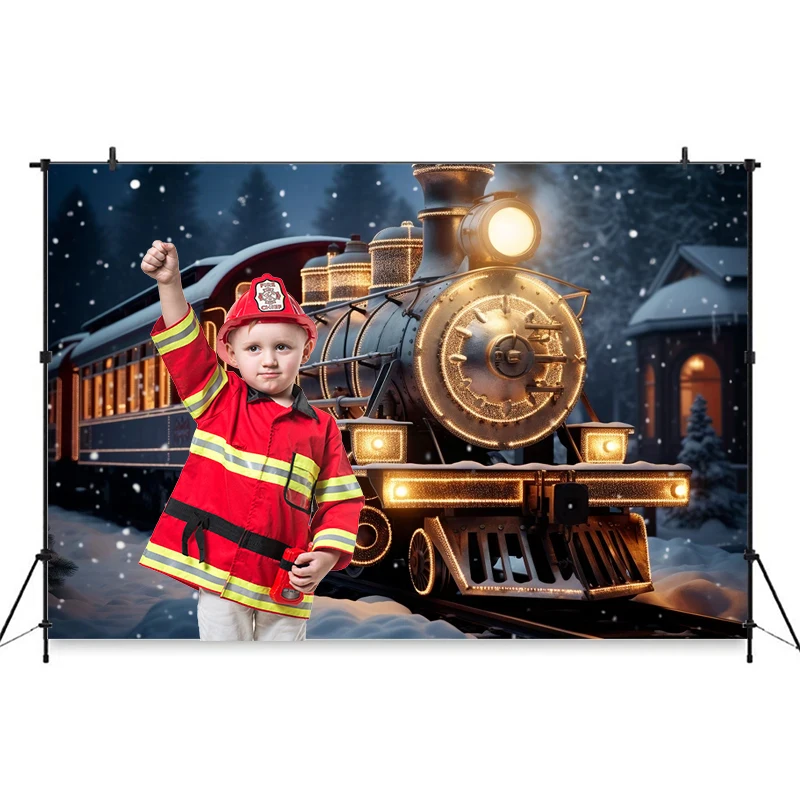 Merry Christmas Train Backdrop Photography Winter Snow New Year Props Girls Kids Children Photo Background Decor Outdoor Studio