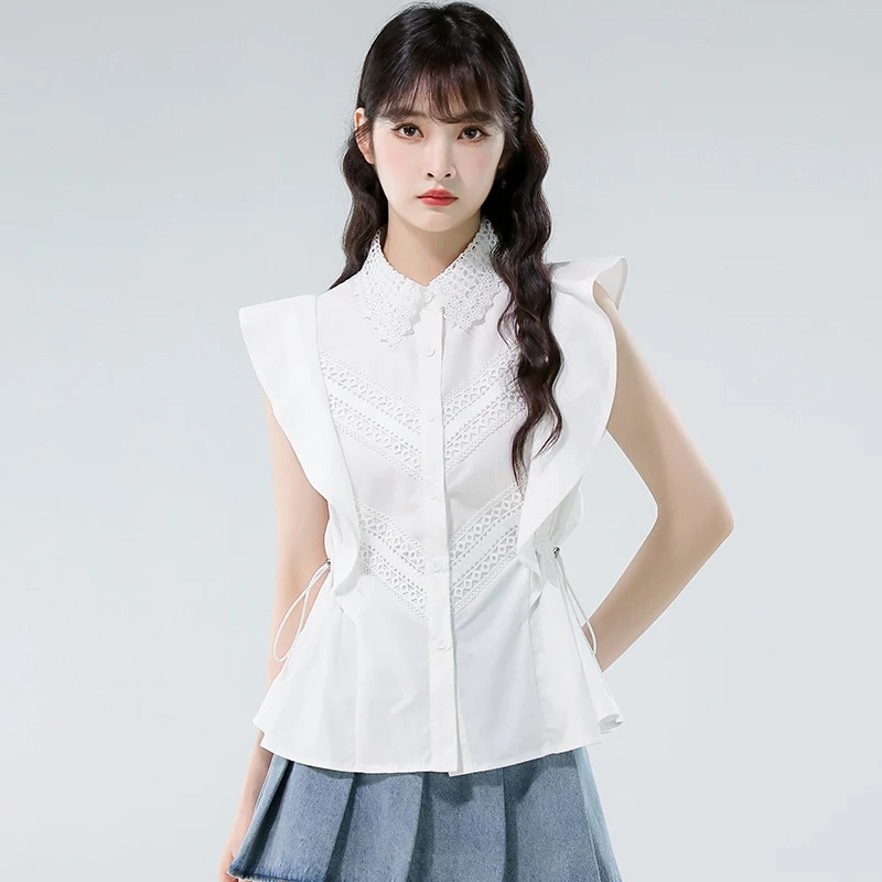 

Fashion Flying Sleeve White Shirts Vintage Sleeveless Ruffled Lace Blouse for Woman Elegant Ladies Casual Sweet Tops