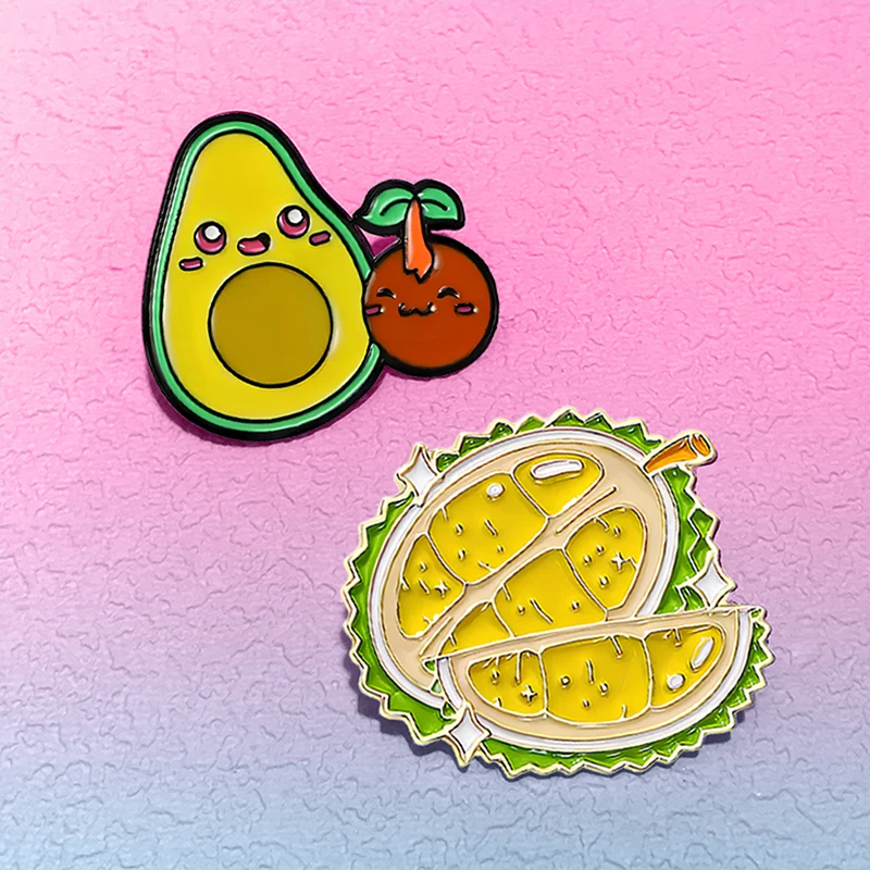 Cartoon Fruits Pins 2-design Metal Enamel Cute Avocado Durian Plants Collar Pin Brooch On Clothes Backpack Lapel Badge Gifts