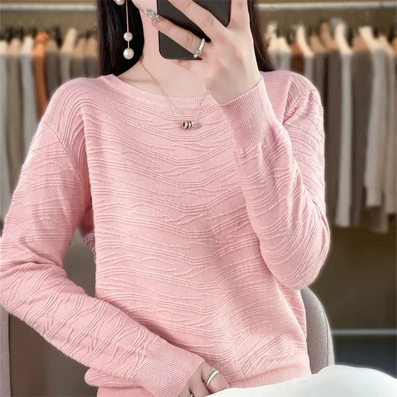 Spring Autumn Round Neck Solid Color Pullover Lantern Long Sleeve Women\'s Clothing Casual Sweater Knitted Screw Thread Tops