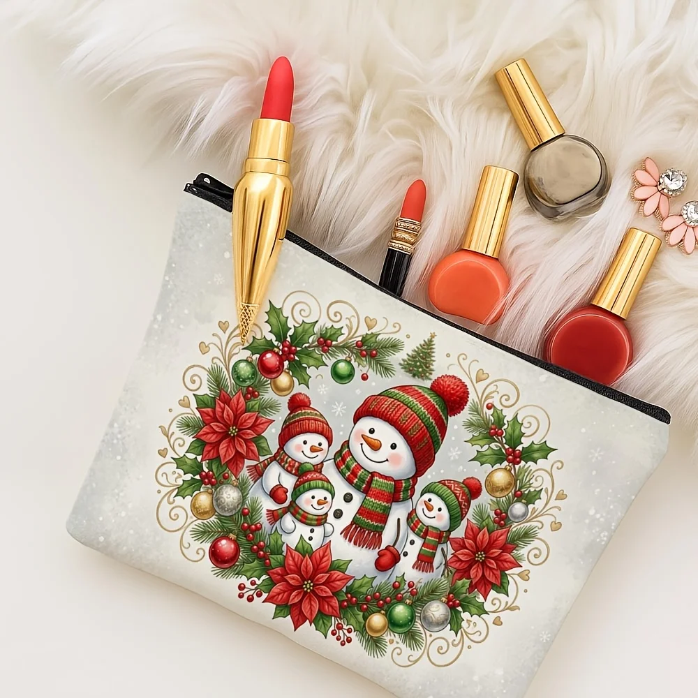 Cute Snowman Family Wreath Print Zipper Pouch Poinsettia Holly Christmas Cosmetic Makeup Bag Travel Storage Pouch Gift