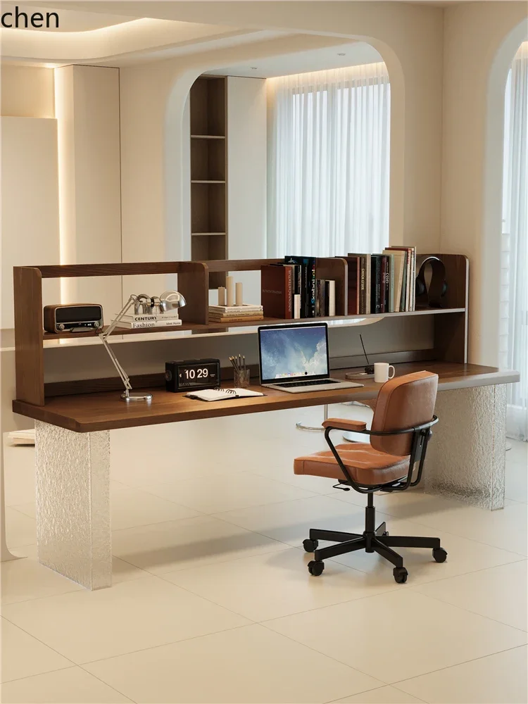 

ZML high-end solid wood desk bookshelf integrated household living room long table double computer desk