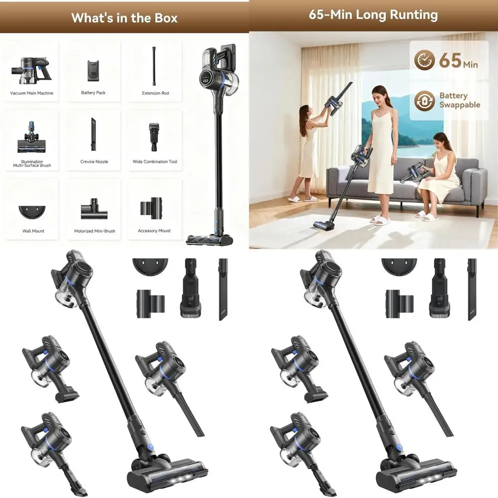 

Беспроводной пылесос мощностью 450 Вт со светодиодной подсветкой, время работы 65 минут, съемный аккумулятор, чистка домашних животных и пол