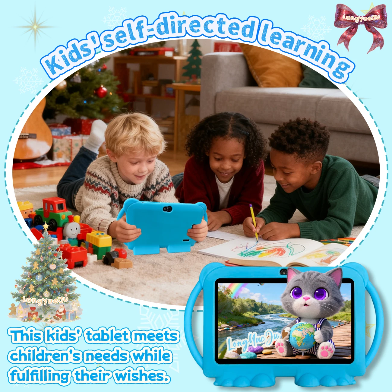 Tablet Android educativo da 7 pollici, 2 GB + 32 GB, doppia fotocamera, schermo HD, controllo parentale, custodia in silicone per cartoni animati, regalo, blu/rosa