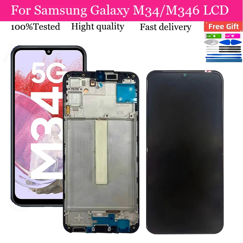 

Дисплей с рамкой Super OLED M346 6,5 дюйма для Samsung Galaxy M34 5G M346B M346B/DS, ЖК-дисплей с сенсорным экраном и дигитайзером в сборе