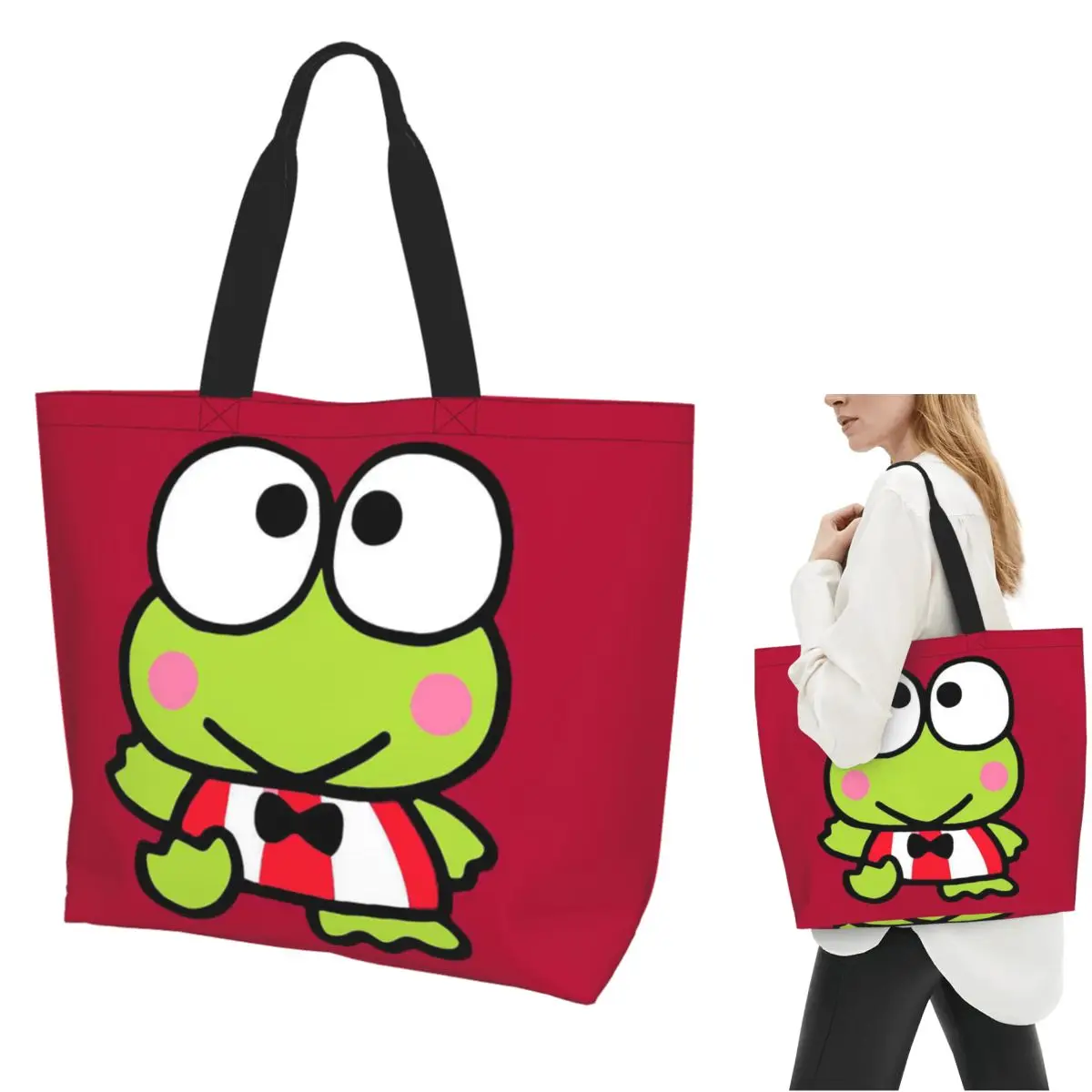 Keroppi bolso de compras Cartoo de rana de ojos grandes, bolso de hombro de lona de gran capacidad, bolso de compras para mujer