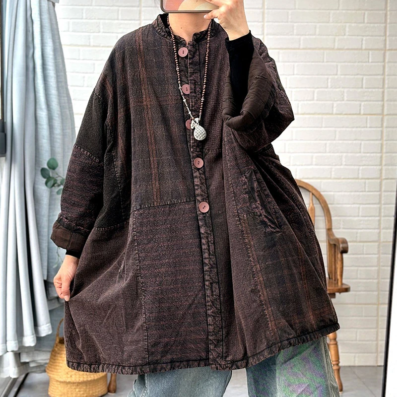 100% Cotton Women Casual Parkas New Arrival 2025 Winter Vintage Style Patchwork Color Oversized Women Thick Warm Coats M2194