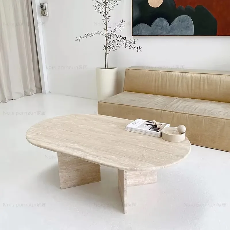 جديد وصول الحديثة مصقول البيج الحجر الطبيعي طاولة شاي Basse Travertin Bean Shape Travertine Coffee Table