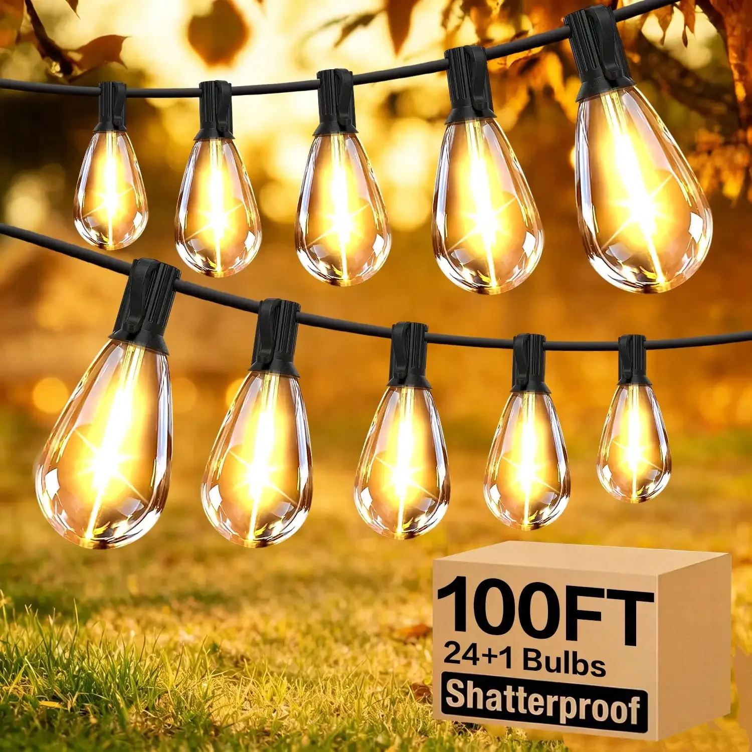 50/100FT Outdoor String Lights With 12 S14 Edison Vintage Bulbs, Connectable Outdoor Patio Lighting, Waterproof And Shatterproof For Porch, Backyard, Cafe