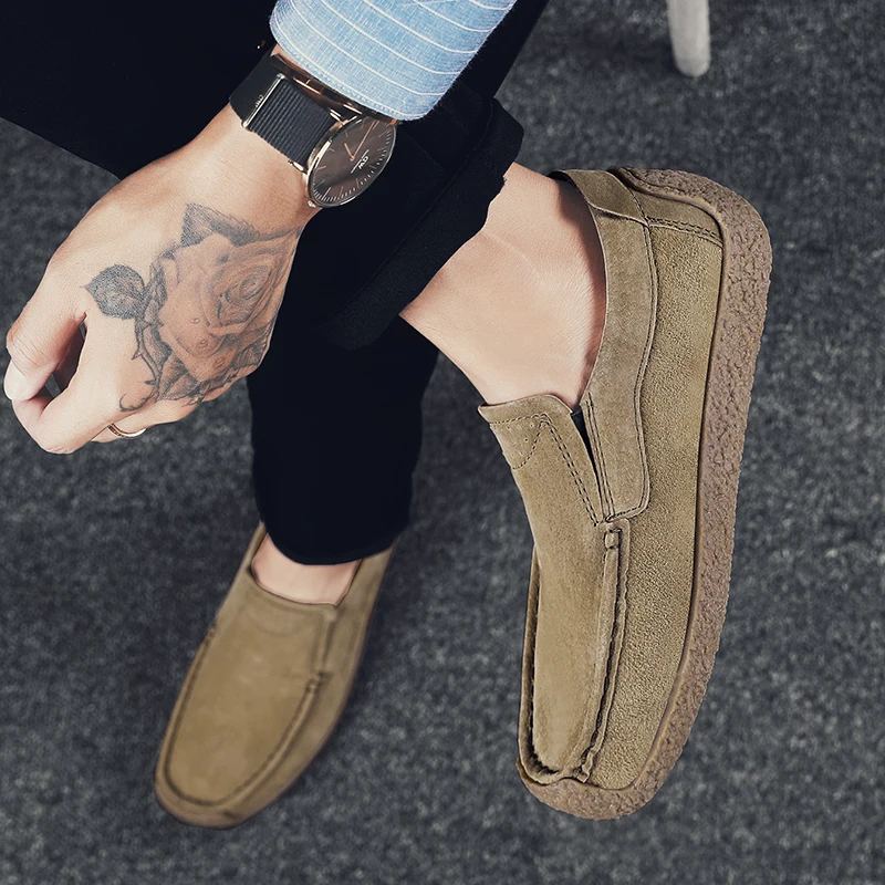 Men's Casual Snail Shoes Suede Genuine Leather Mens Comfortable Soft Driving Flats Men Classic Rubber Sole Outdoor Bean Shoes