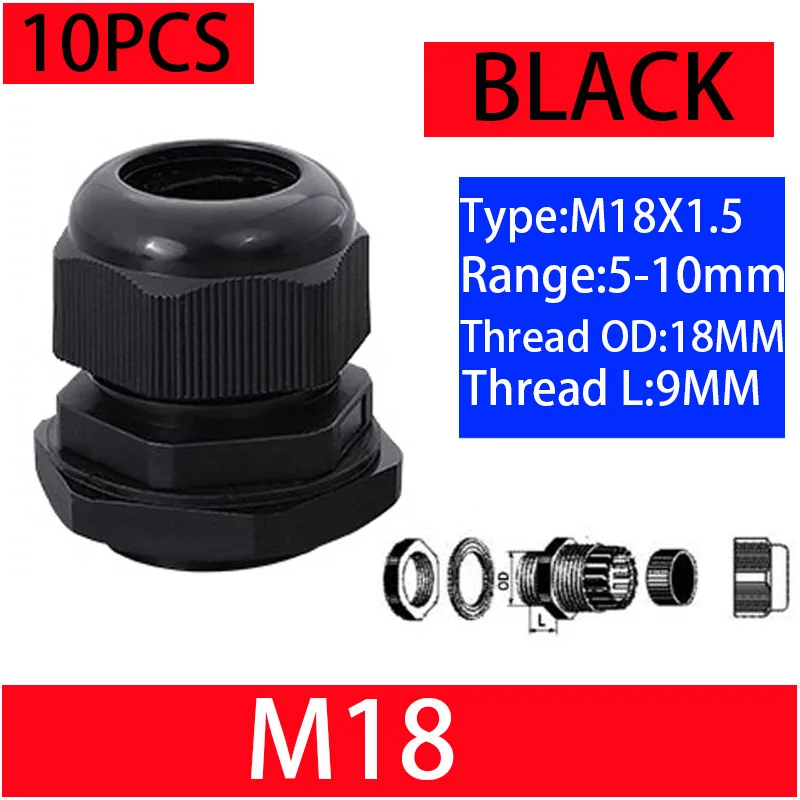 10PCs Wasserdichte Kabelverschraubung Schwarz Kunststoff Dichtung Joint Nylon M8 M10 M12 M16 M20 M25 M32 IP68 Weiß Kabel Befestigung nylon Stecker