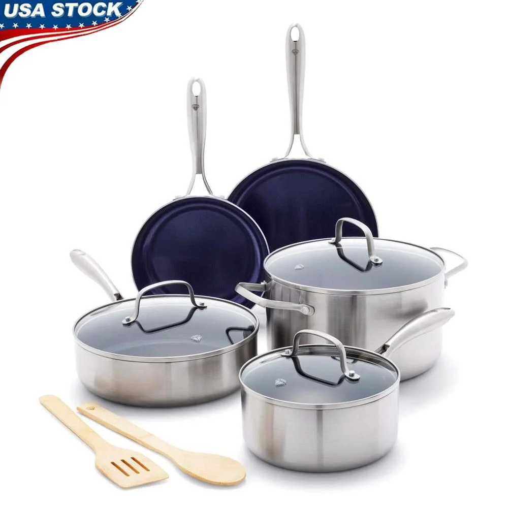 

10-Piece Stainless Steel Cookware Set Nonstick Tri-Ply Induction Safe Includes Frypans Saucepan Stockpot Sauté Pan Utensils