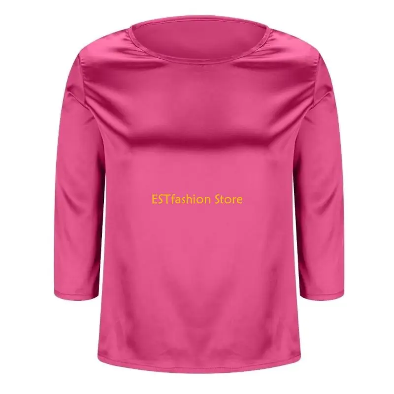 Y5GC Satins Silk Shirt Casual Loose Work Tunics Tops 3/4 Sleeve Pullover Blouses