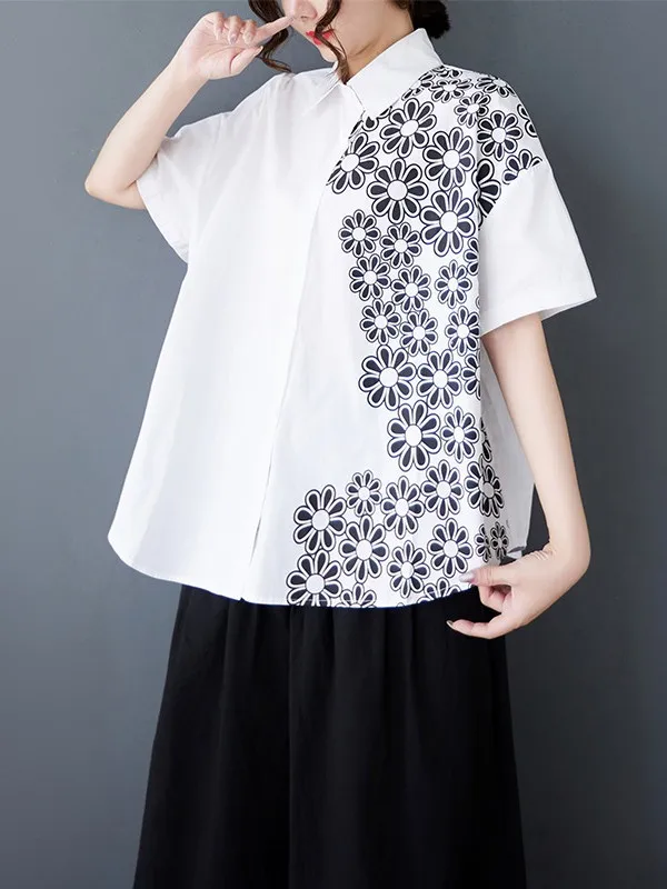 ユニークで美しい女性の夏のプリントデザイン韓国風ゆったりフィット襟付きカジュアルファイオントップ
