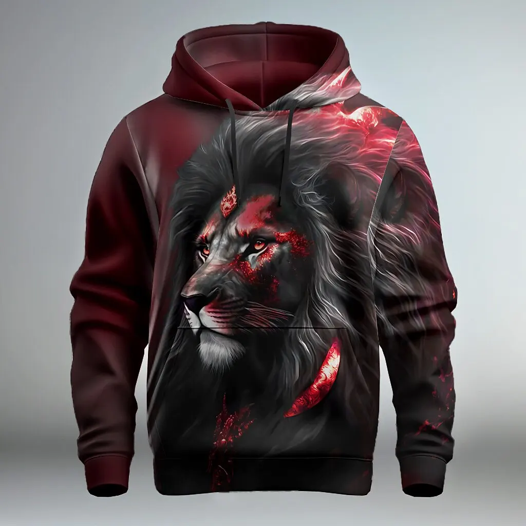 Fashion Cool Lion Pattern Men's Hoodies 3D Print Stylish Animal Graphic Long Sleeved Pullover Autumn Winter Daily Casual Clothes