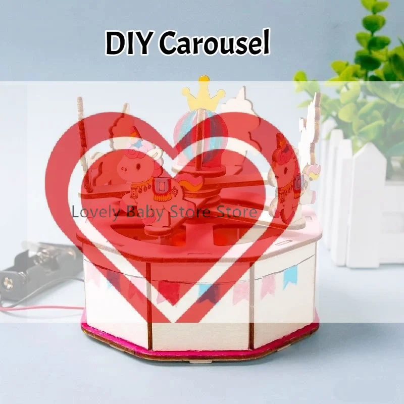 【BS】DIY Wooden Carousel STEM Kit Easy Assembly Cute Design Perfect For Kids Science Projects School Home Play