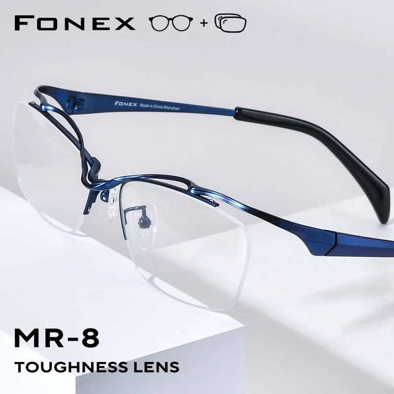 FONEX Progressive Prescription Eyeglasses Photochromic Myopia Optical Lenses Eyewear Men Square Semi-Rim Titanium Glasses Frames