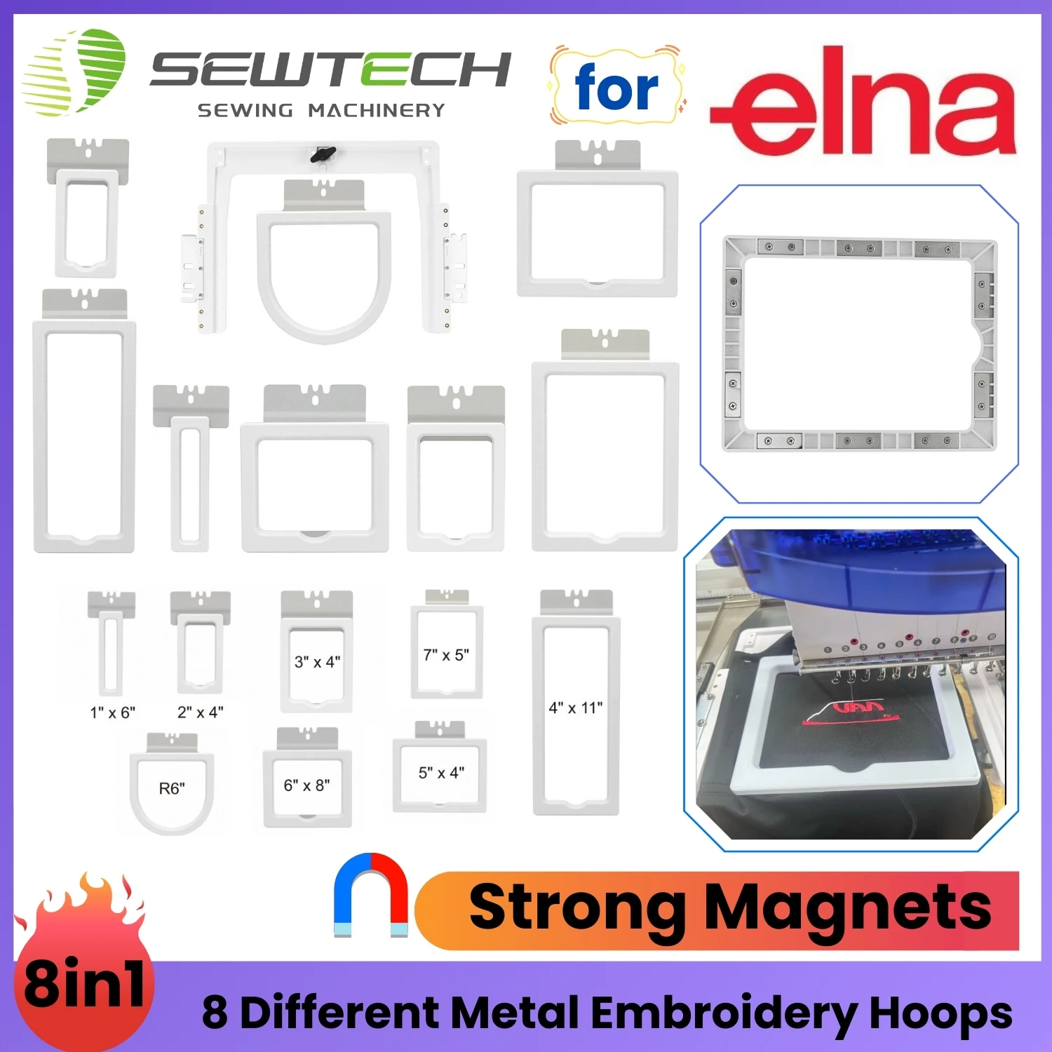 

Elna eXpressive 940 970 Magnetic Mighty Hoop Multi-Frame Embroidery Kit for Shirt Pockets, Sleeves, Socks, Cap Backs, and More