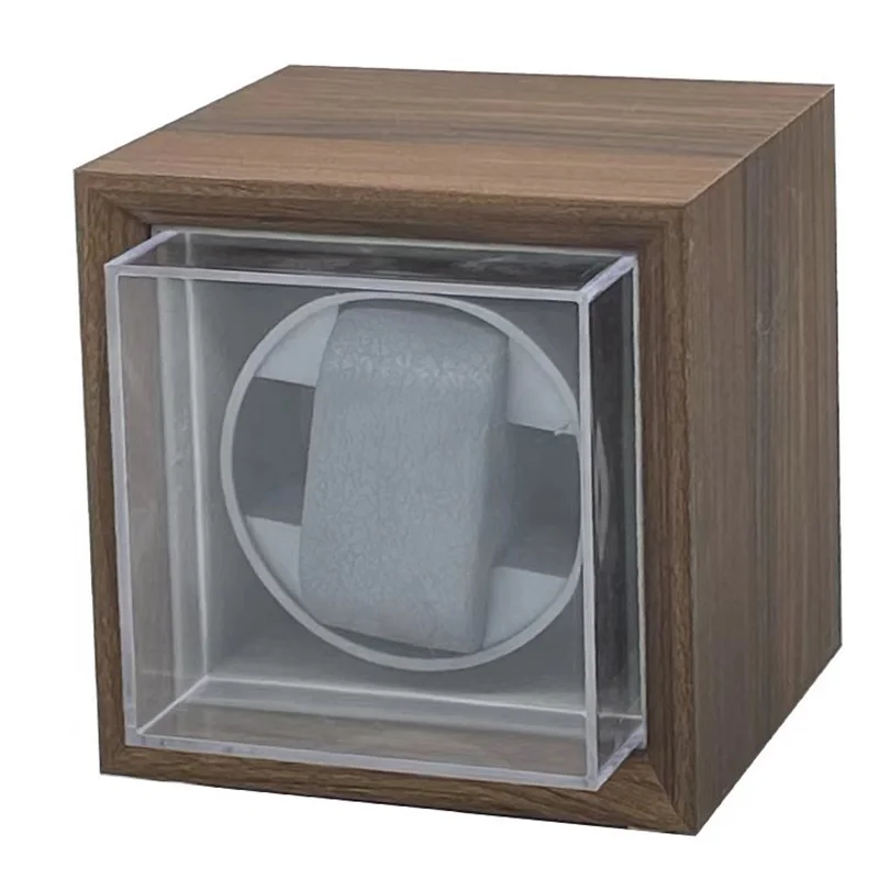 Caixa de enrolamento de relógio único de madeira para relógios mecânicos com enrolamento automático e tampa transparente para relógio silencioso e silencioso