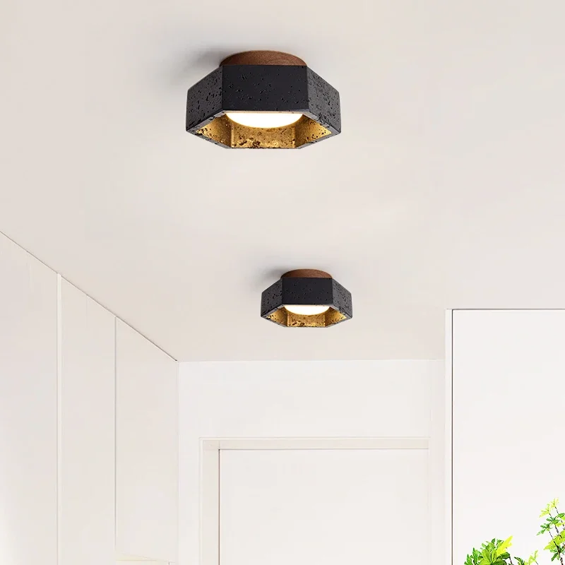 New Nordic Wabi Sabi Decorative Corridor Balcony Ceiling Stone Lamp Japanese Living Room Bedroom LED Black Applique Ceiling Lamp
