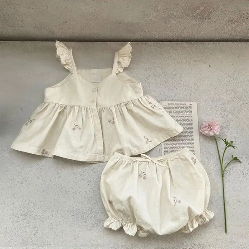 

C63C Baby Girl Two Pieces Outfit Embroidered Ruffle Slip Dress Tops Bread Shorts